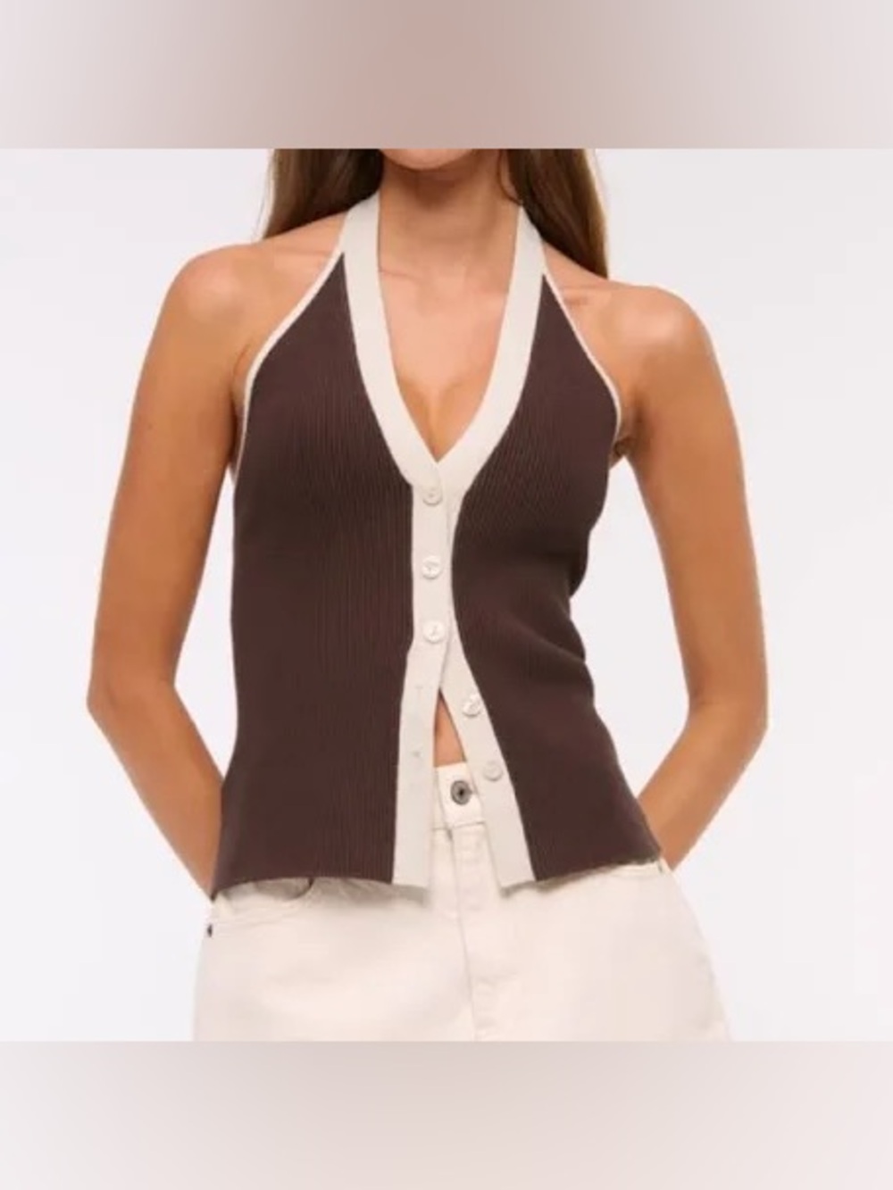 Abercrombie & Fitch Brown Ribbed Halter Tank with Cream Trim